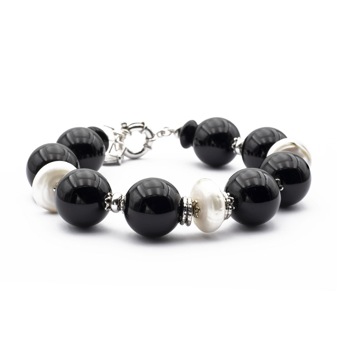 bracciale in pietre dure in onice e perle con argento 925 - via condotti store